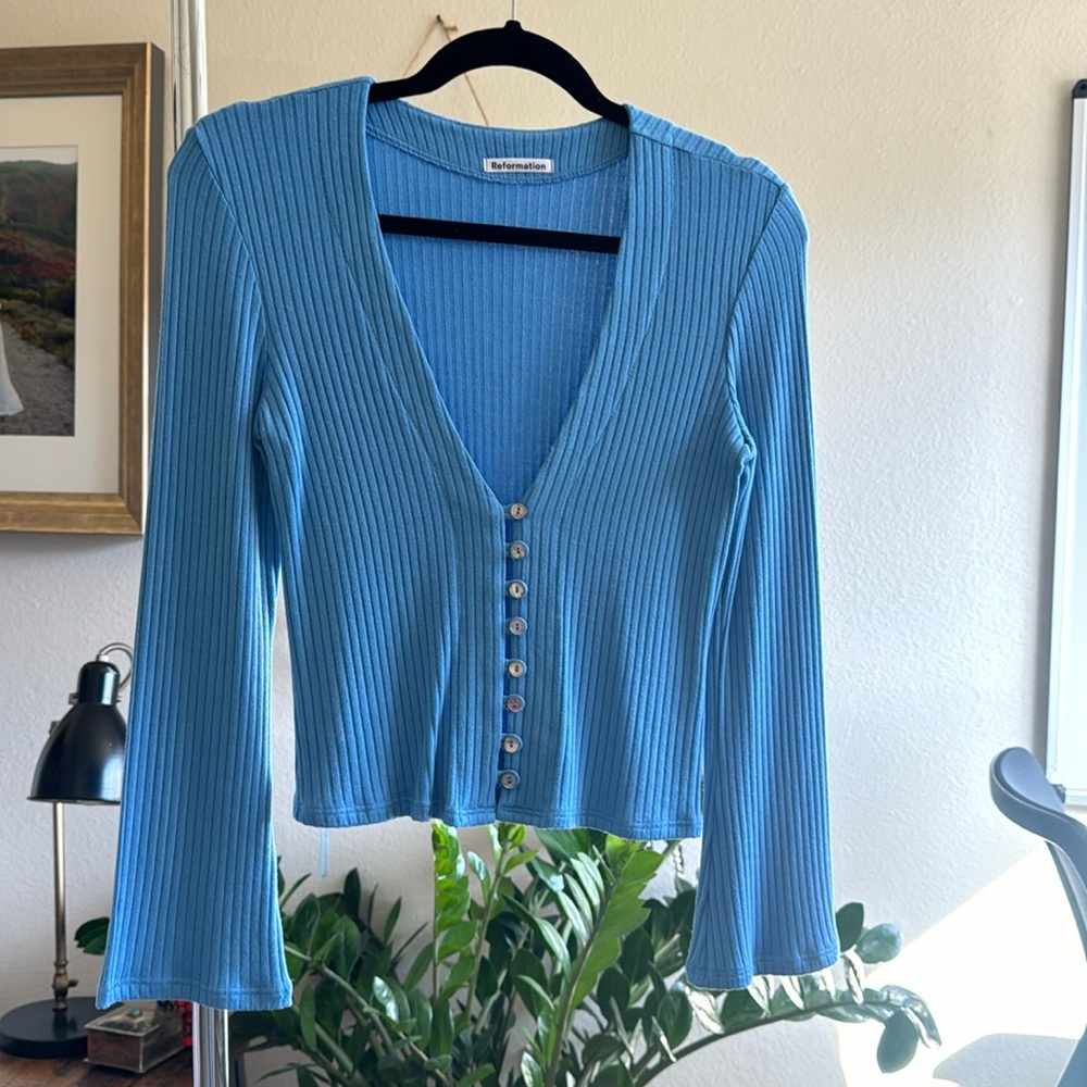 Reformation button-down shirt w/ semi crop sleeve